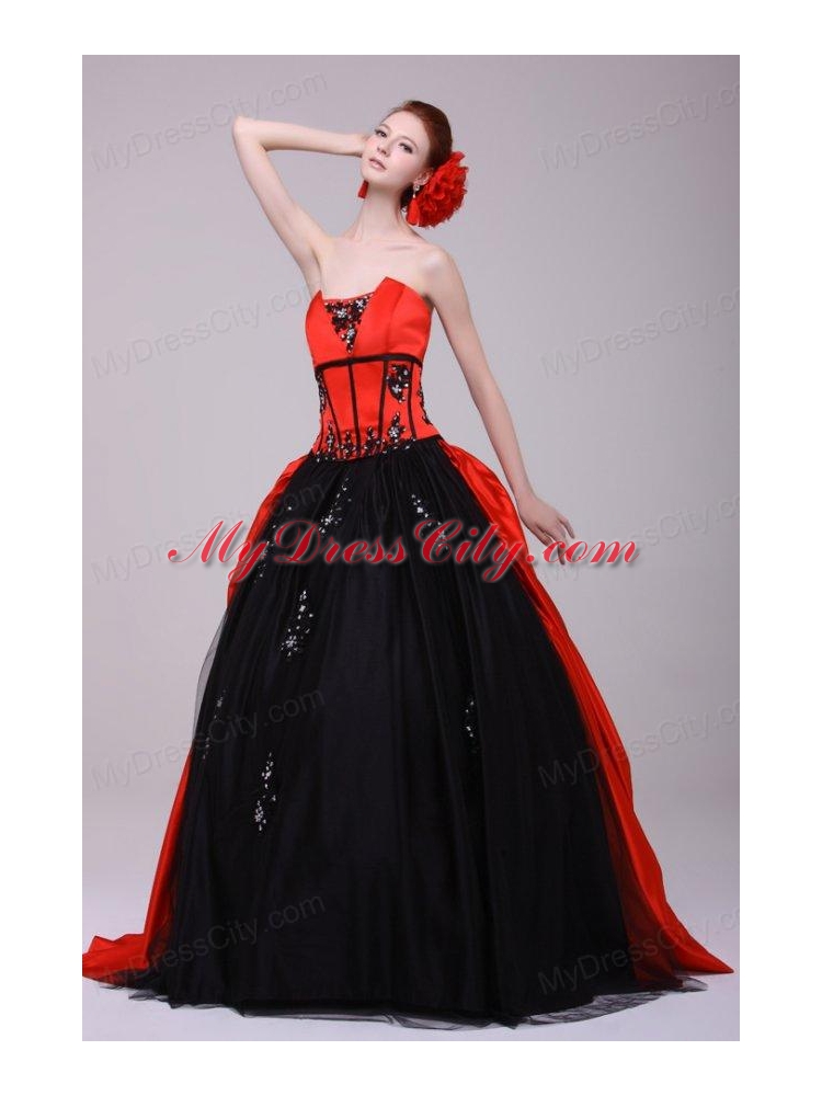 Strapless Red and Black Quinceanera Dress with Appliques with Beading