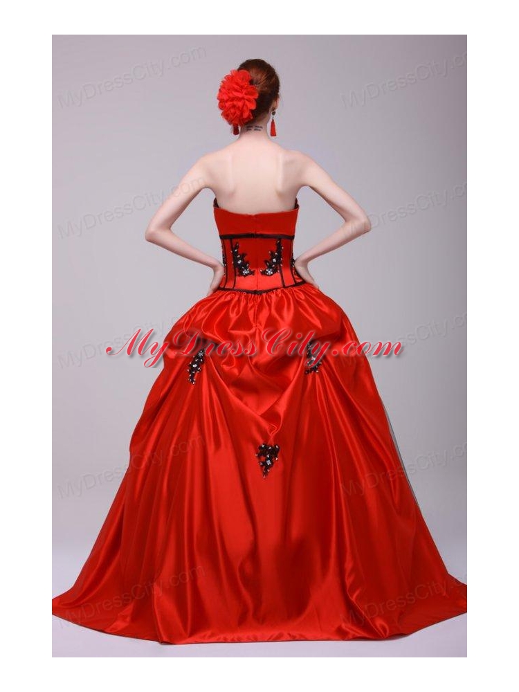 Strapless Red and Black Quinceanera Dress with Appliques with Beading