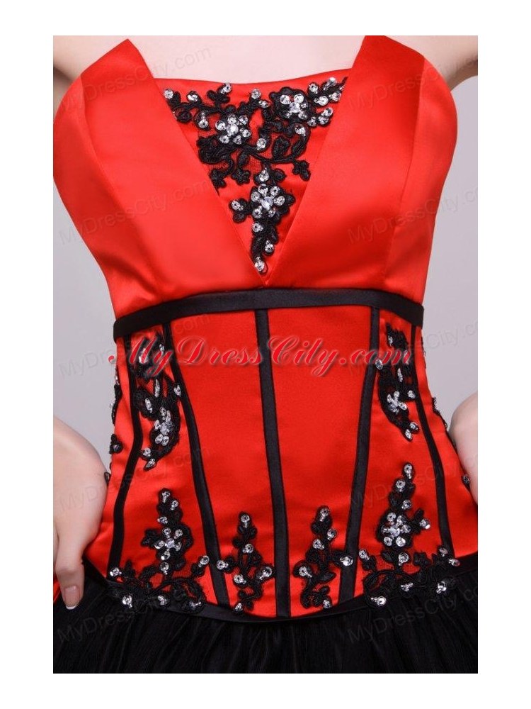 Strapless Red and Black Quinceanera Dress with Appliques with Beading