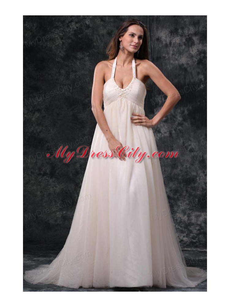 A-Line Halter Court Train Beading Tulle Wedding Dress