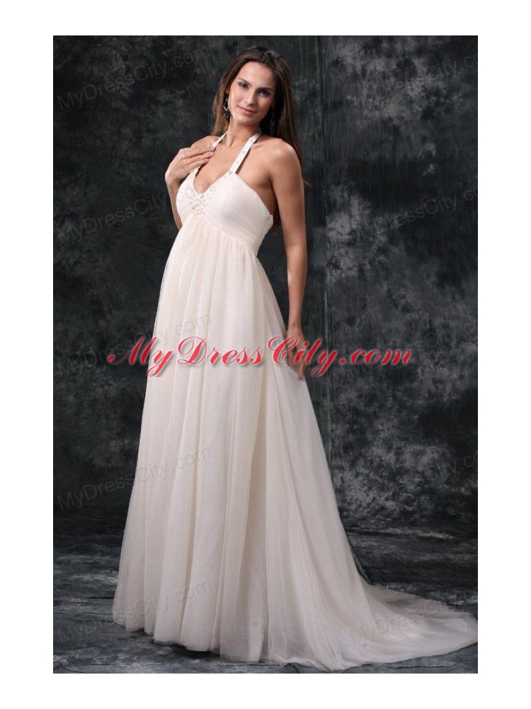 A-Line Halter Court Train Beading Tulle Wedding Dress