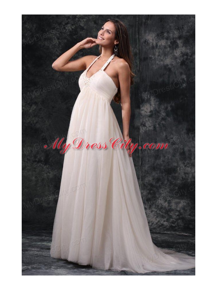 A-Line Halter Court Train Beading Tulle Wedding Dress