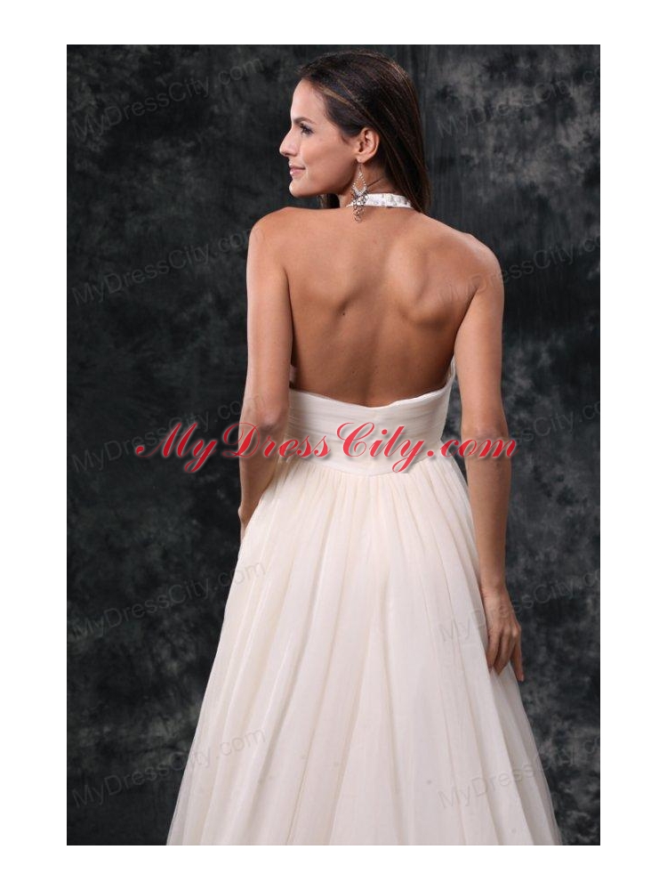 A-Line Halter Court Train Beading Tulle Wedding Dress