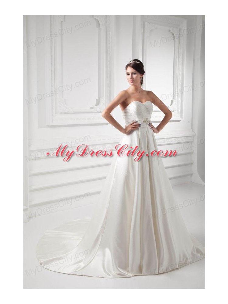 A-line Sweetheart Appliques and Ruching Satin Satin Wedding Dress