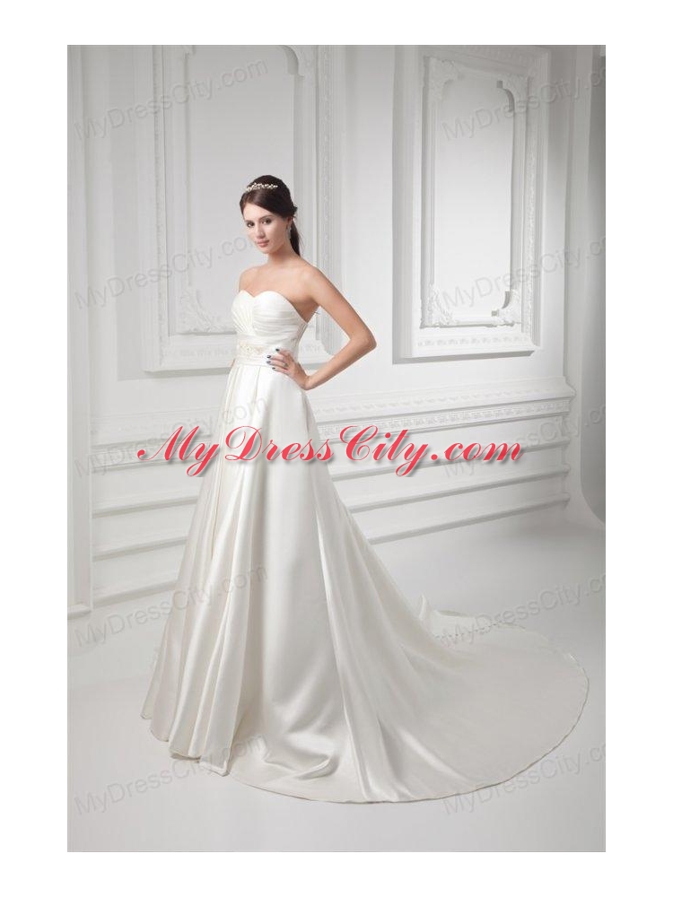 A-line Sweetheart Appliques and Ruching Satin Satin Wedding Dress