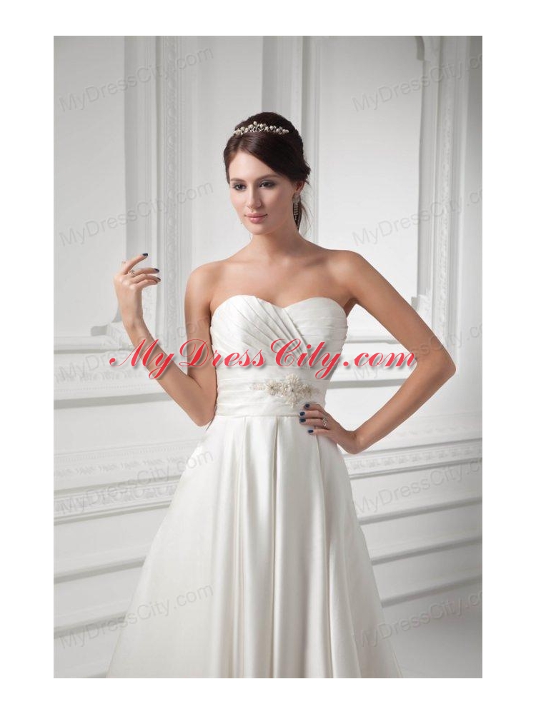 A-line Sweetheart Appliques and Ruching Satin Satin Wedding Dress