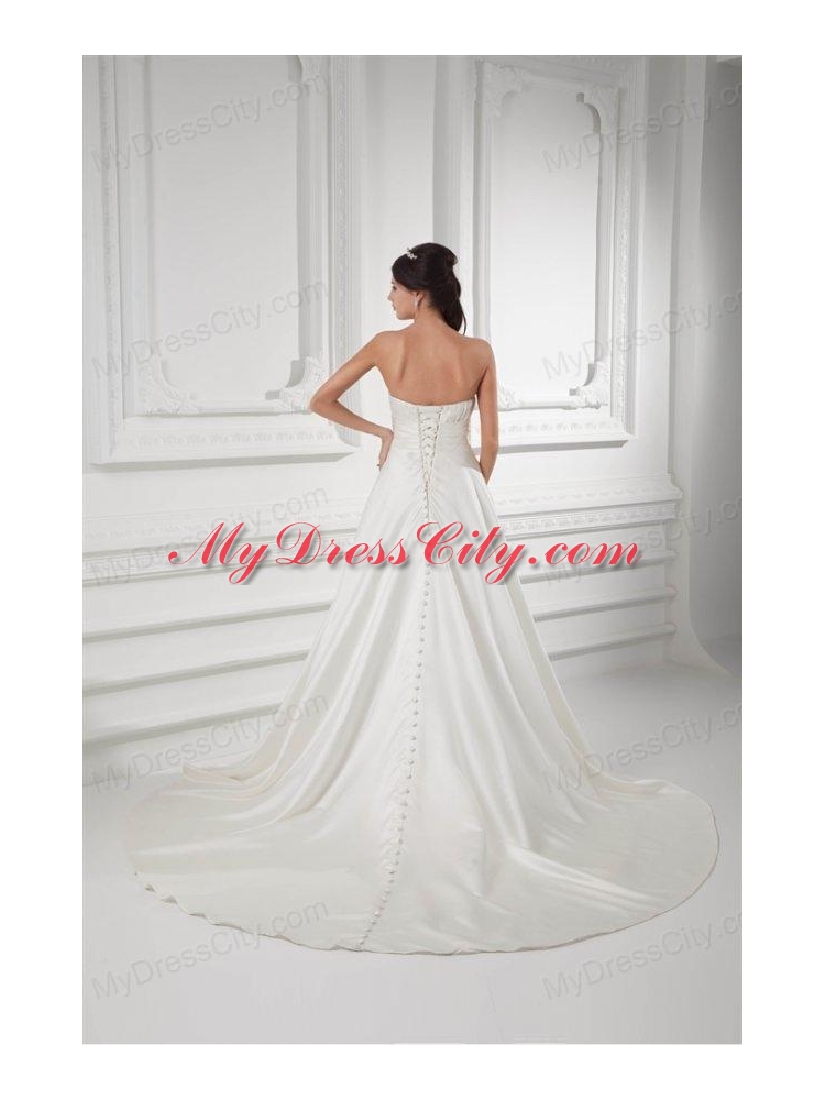 A-line Sweetheart Appliques and Ruching Satin Satin Wedding Dress