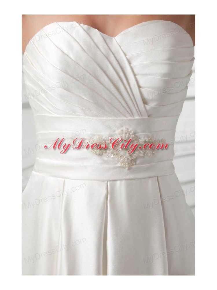 A-line Sweetheart Appliques and Ruching Satin Satin Wedding Dress