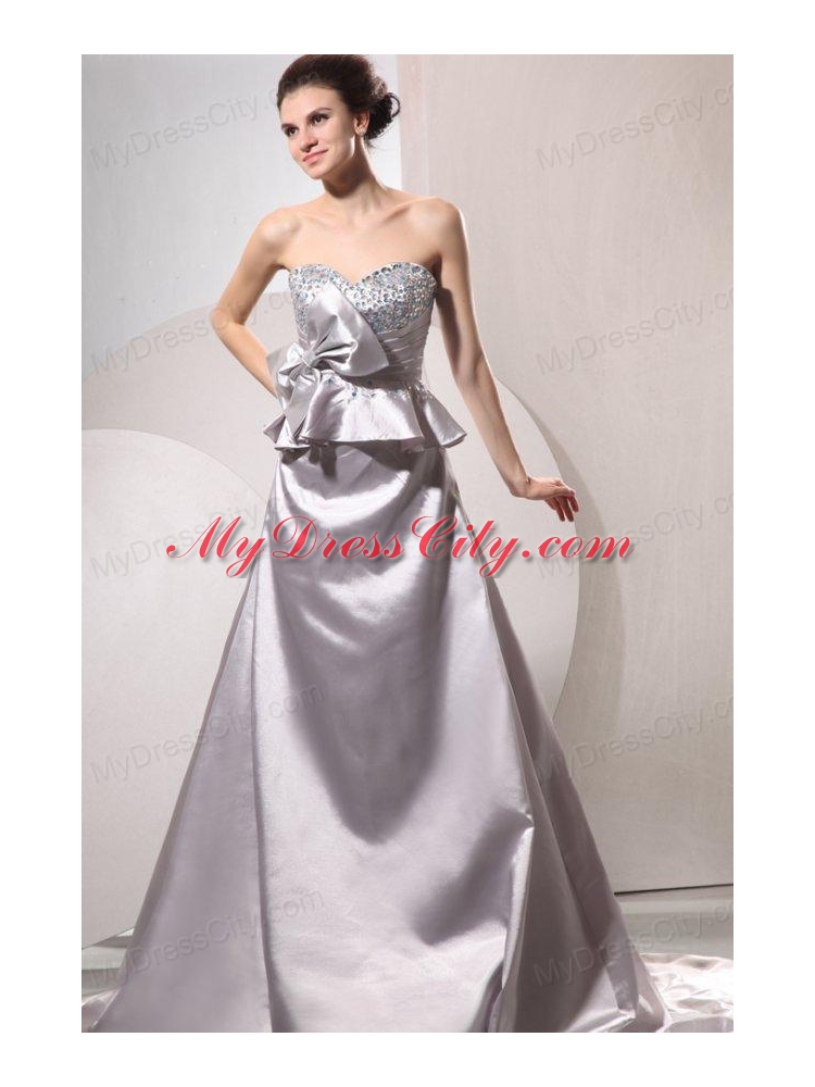 A-line Sweetheart Silver Beading and Ruching Bow Grey Wedding Dress