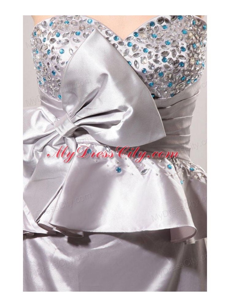 A-line Sweetheart Silver Beading and Ruching Bow Grey Wedding Dress