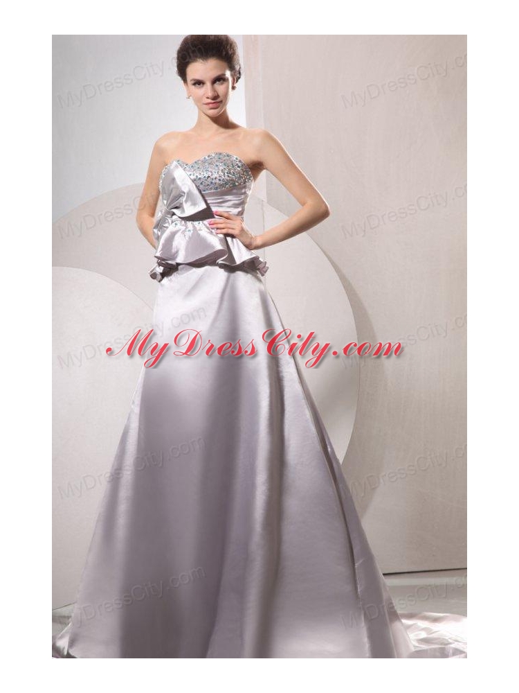 A-line Sweetheart Silver Beading and Ruching Bow Grey Wedding Dress