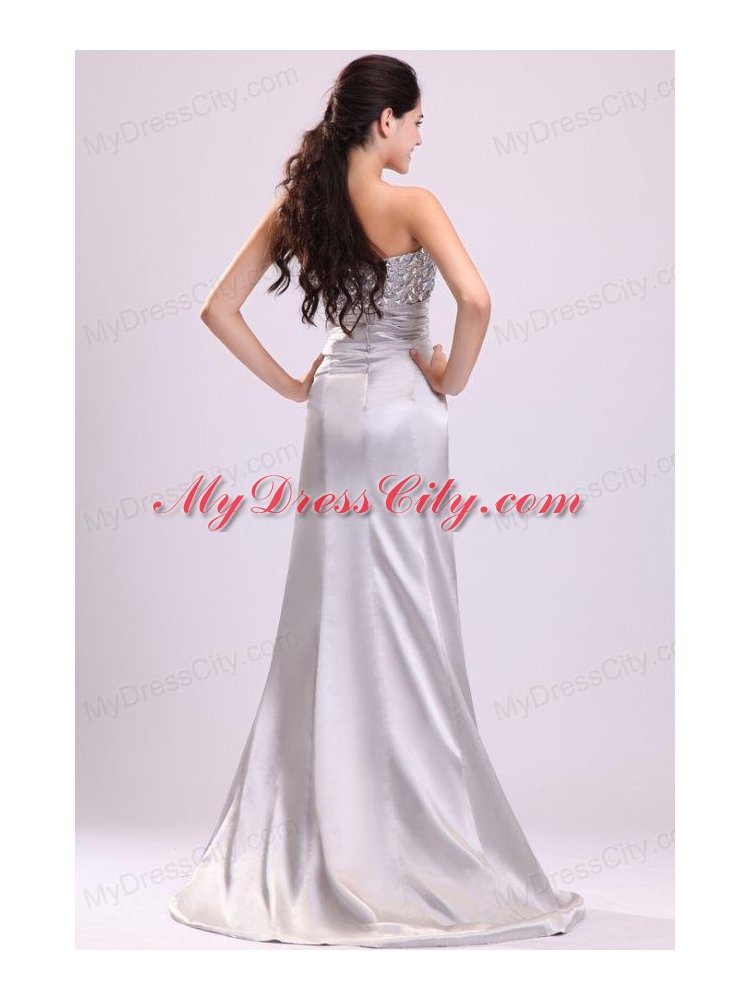 A-line Sweetheart Silver Beading and Ruching Wedding Dress