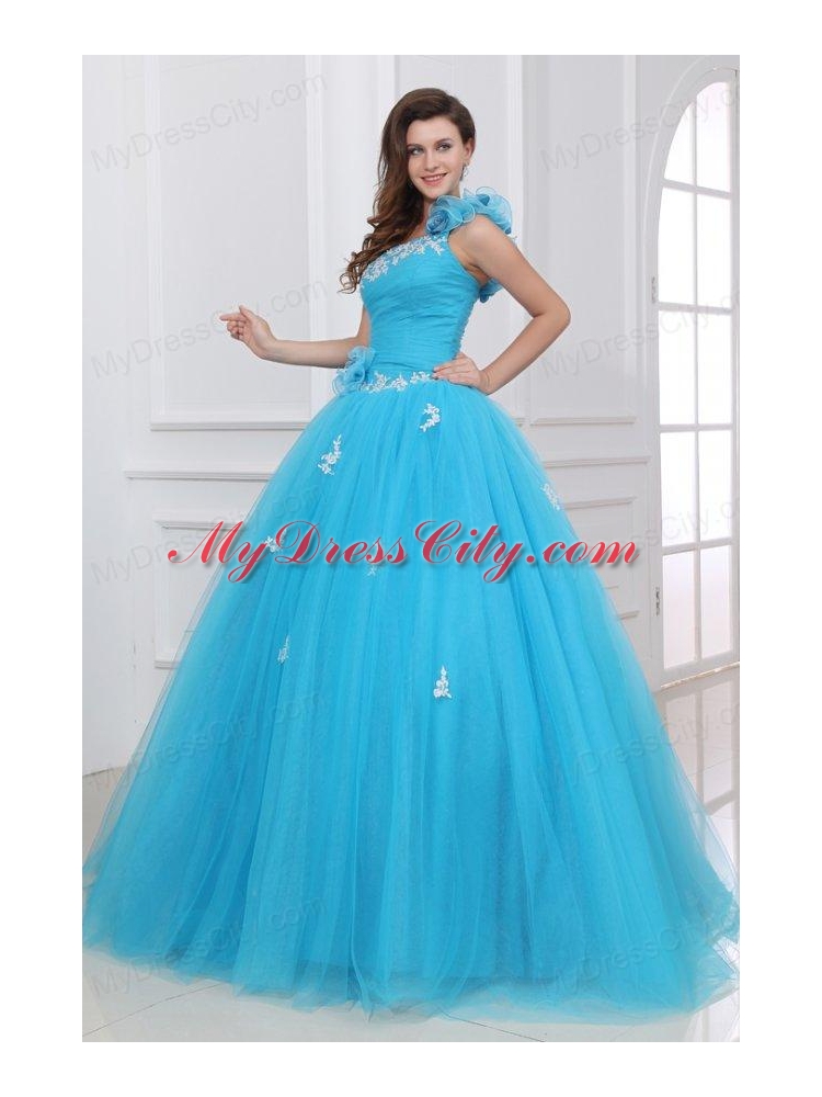 Aqua One Shoulder Appliques and Hand Made Flowers Quinceanera  Dress