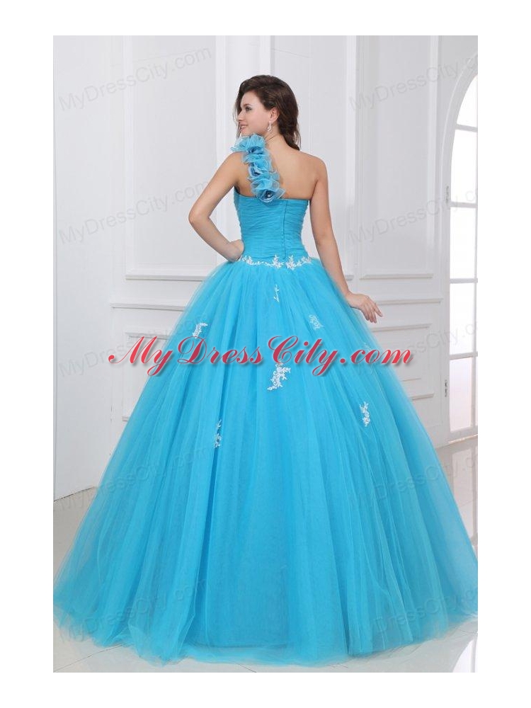 Aqua One Shoulder Appliques and Hand Made Flowers Quinceanera  Dress