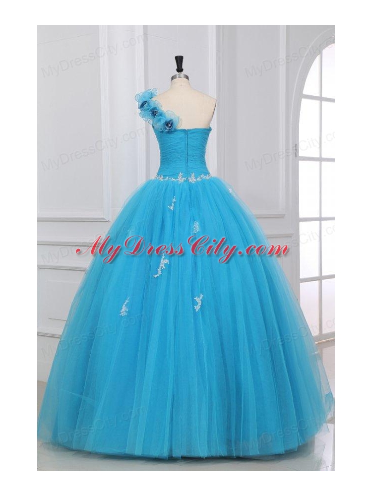 Aqua One Shoulder Appliques and Hand Made Flowers Quinceanera  Dress