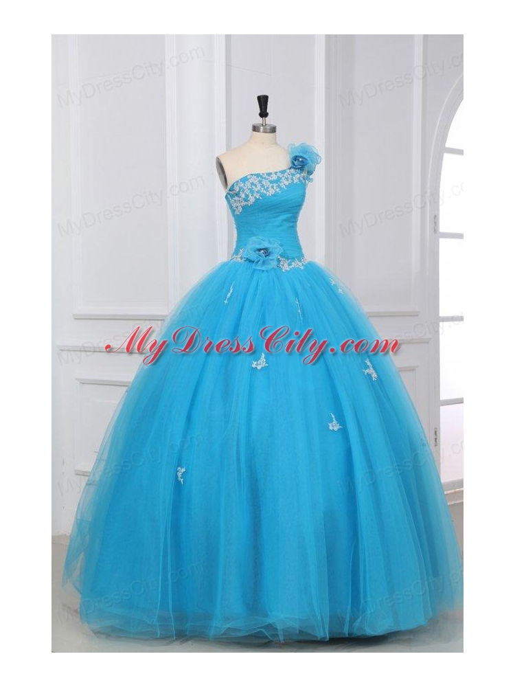 Aqua One Shoulder Appliques and Hand Made Flowers Quinceanera  Dress