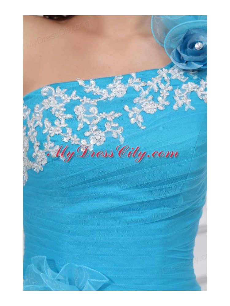 Aqua One Shoulder Appliques and Hand Made Flowers Quinceanera  Dress