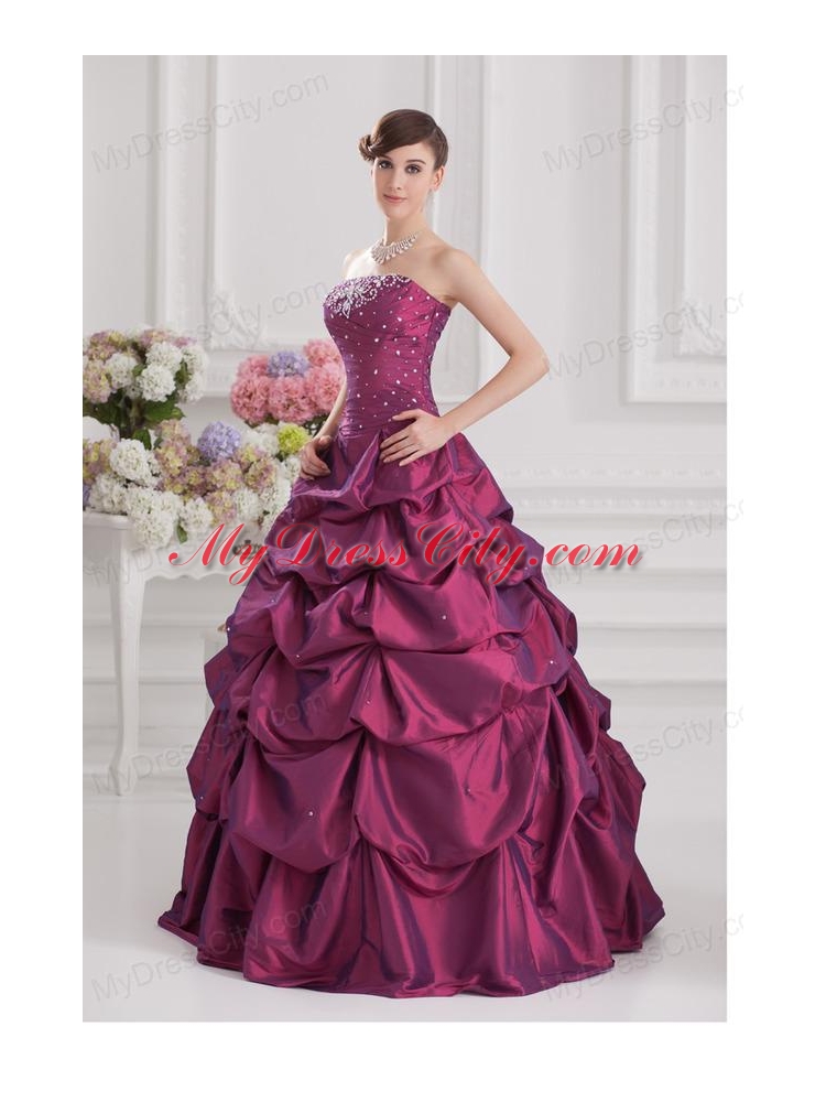 Ball Gown Strapless Taffeta Purple Quinceanera Dress with Beading and Pick-ups