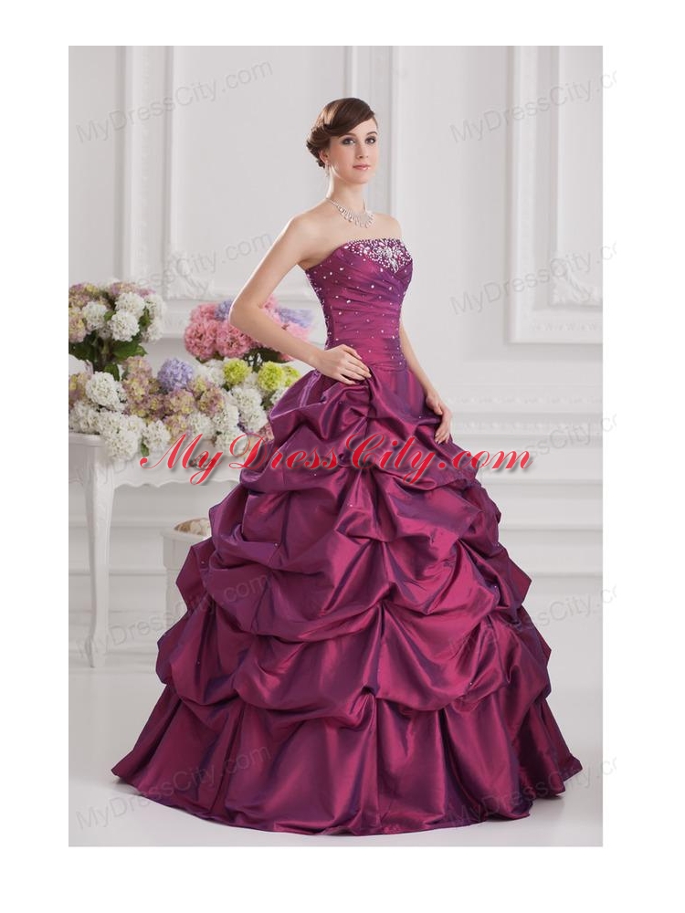 Ball Gown Strapless Taffeta Purple Quinceanera Dress with Beading and Pick-ups