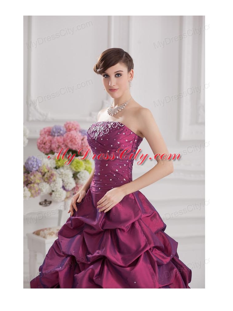 Ball Gown Strapless Taffeta Purple Quinceanera Dress with Beading and Pick-ups