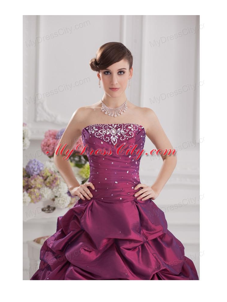 Ball Gown Strapless Taffeta Purple Quinceanera Dress with Beading and Pick-ups