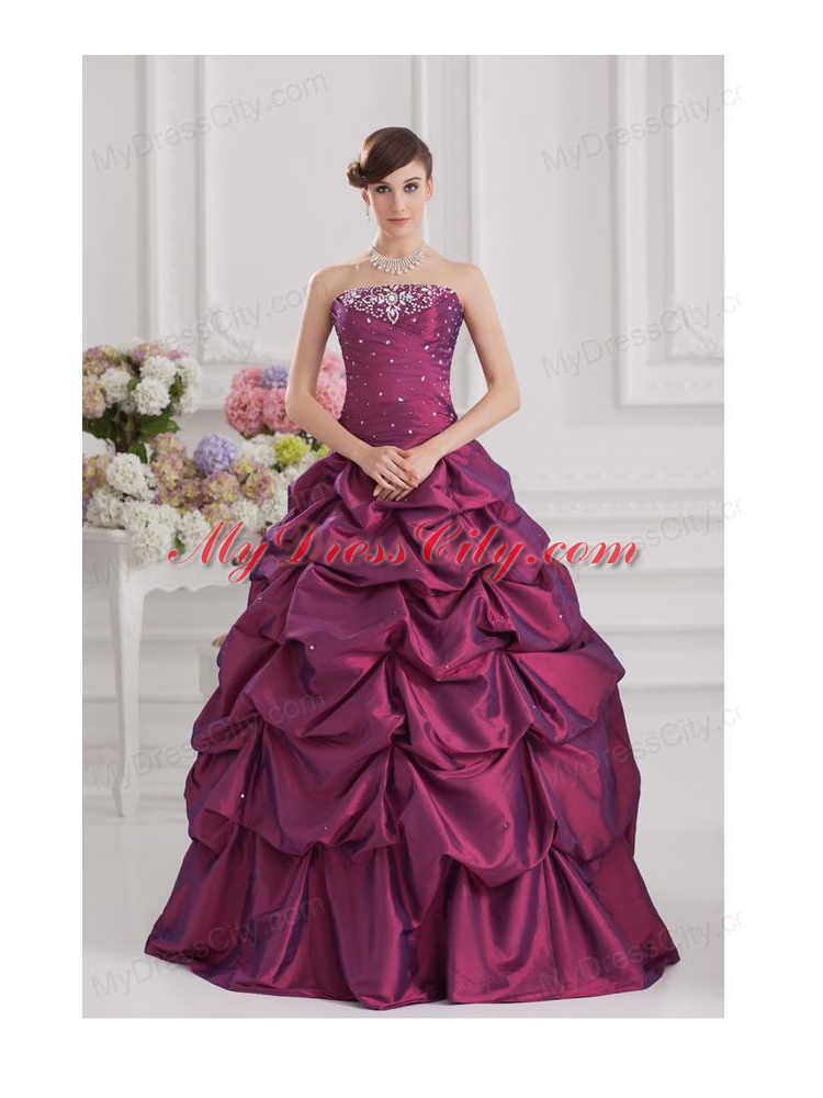 Ball Gown Strapless Taffeta Purple Quinceanera Dress with Beading and Pick-ups