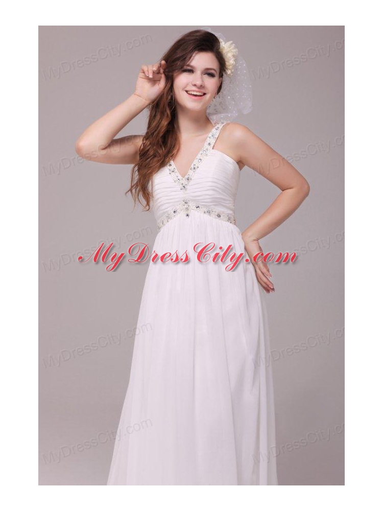 Beaded Decorate V-neck Empire Chiffon Court Train Wedding Dress