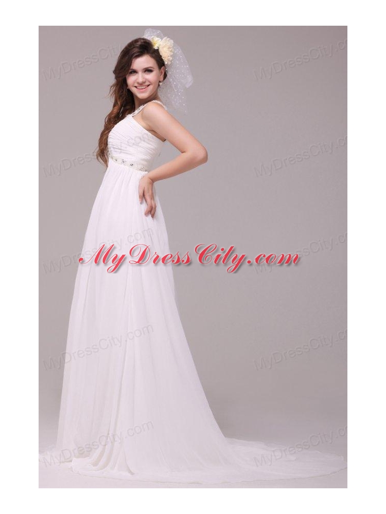 Beaded Decorate V-neck Empire Chiffon Court Train Wedding Dress