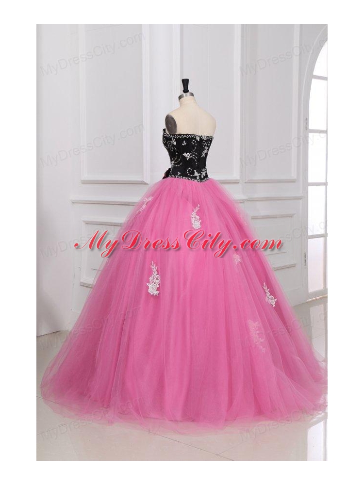 Beading and Appliques Sweetheart Tulle Quinceanera Dress in Black and Rose Pink