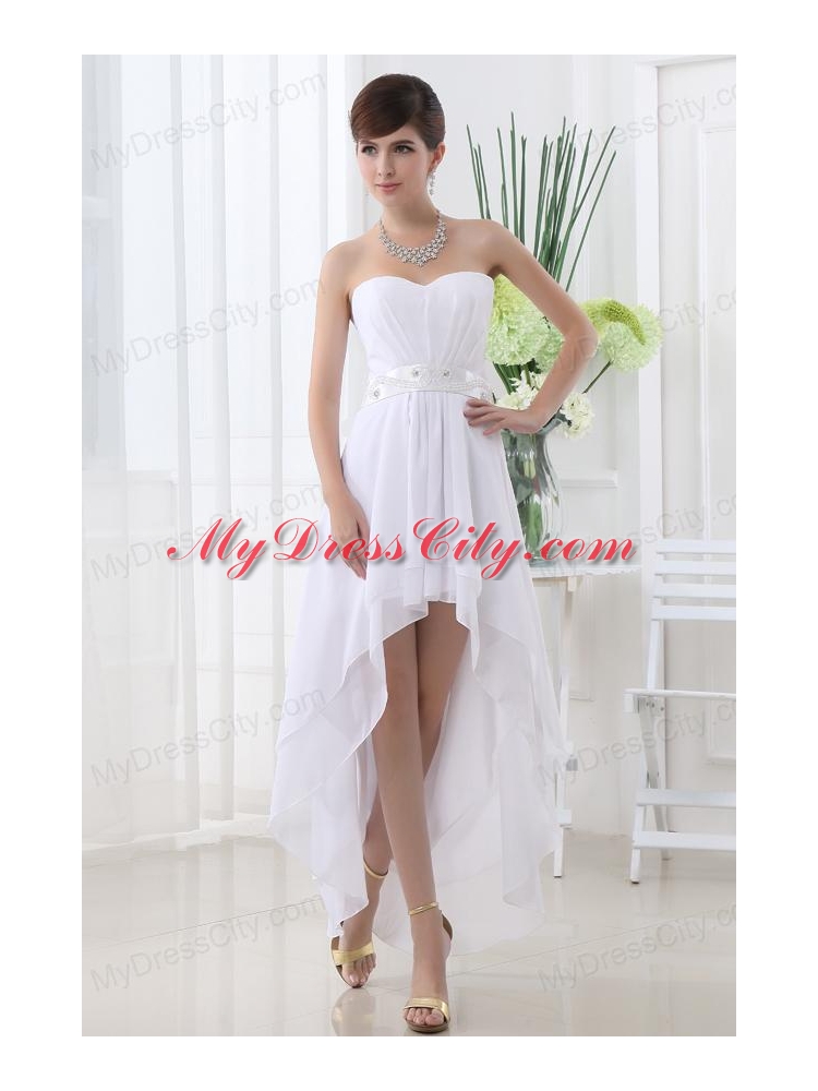 Beading Empire Sweetheart Ruching Belt White Wedding Dress with High-low