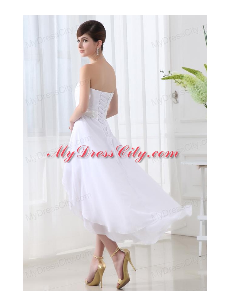 Beading Empire Sweetheart Ruching Belt White Wedding Dress with High-low