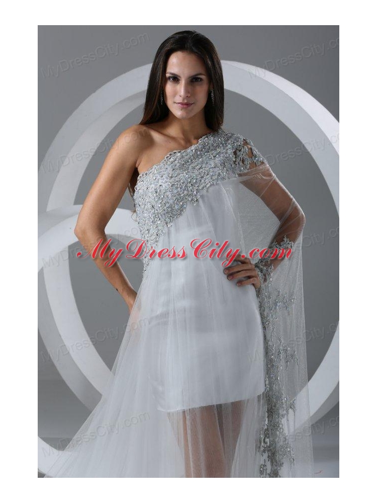 Beautiful A-line One Shoulder Chapel Train Wedding Dress with Side Zipper