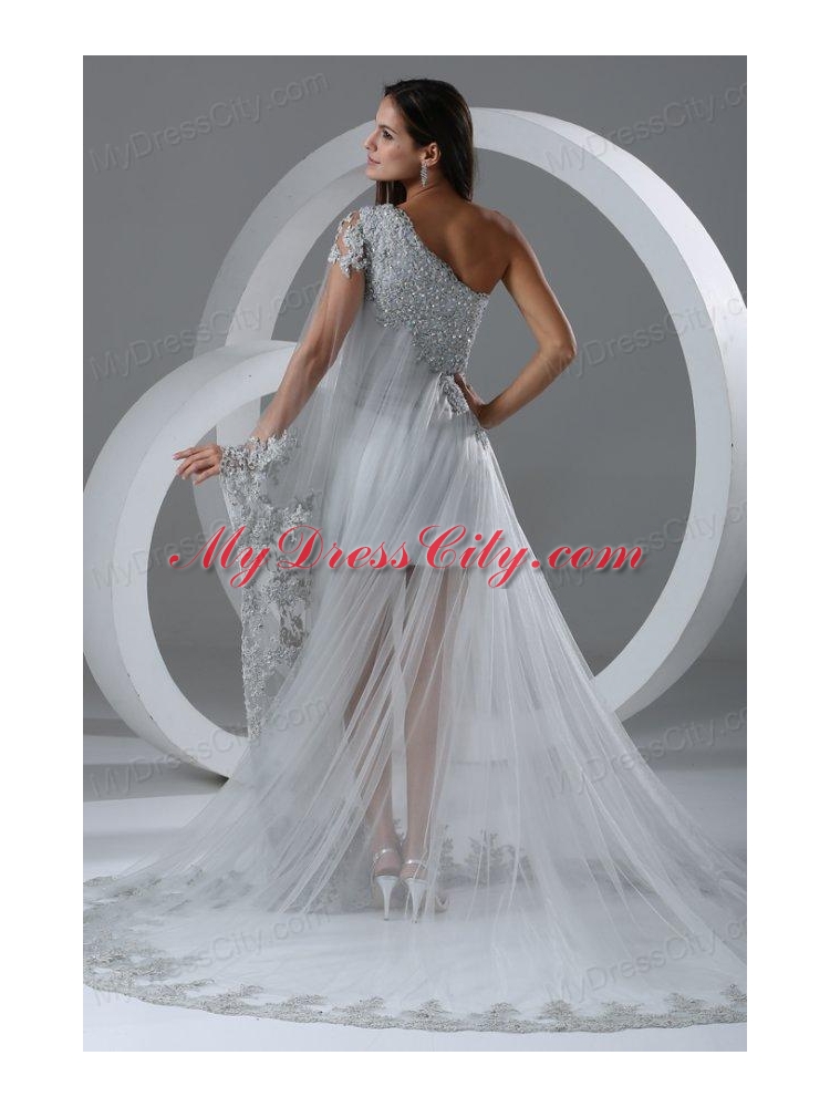 Beautiful A-line One Shoulder Chapel Train Wedding Dress with Side Zipper