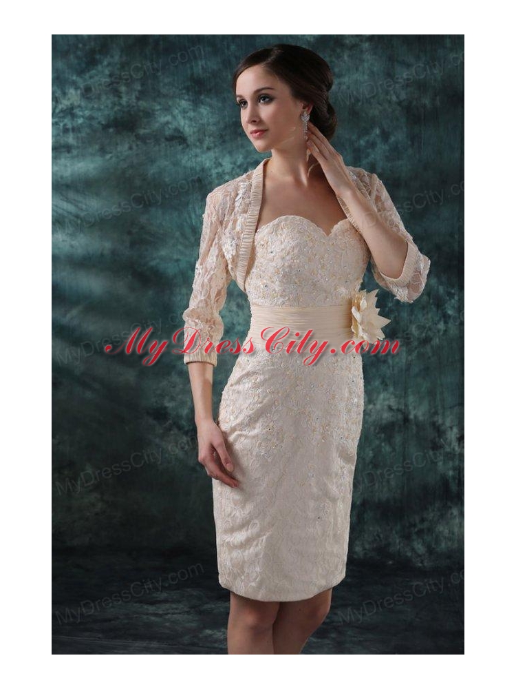 Champagne Column Sweetheart Knee-length Wedding Dress with Flowers