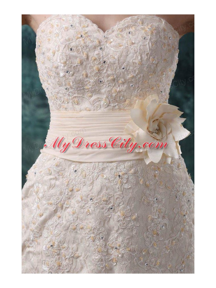 Champagne Column Sweetheart Knee-length Wedding Dress with Flowers