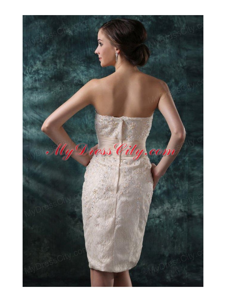 Champagne Column Sweetheart Knee-length Wedding Dress with Flowers