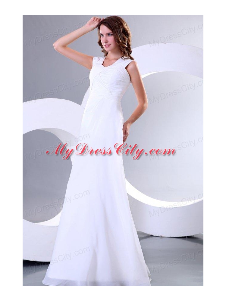 Column Square Chiffon Ruching Floor-length Wedding Dress