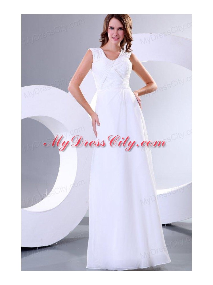 Column Square Chiffon Ruching Floor-length Wedding Dress