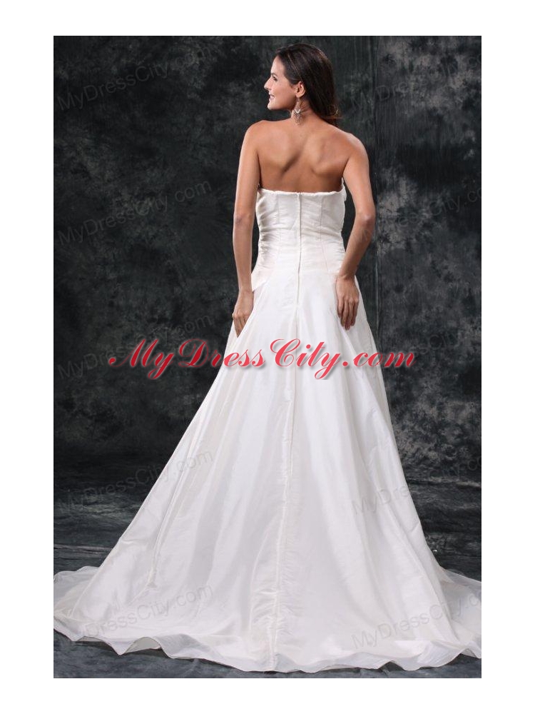 Column Strapless Ruching Court Train Taffeta Wedding Dress