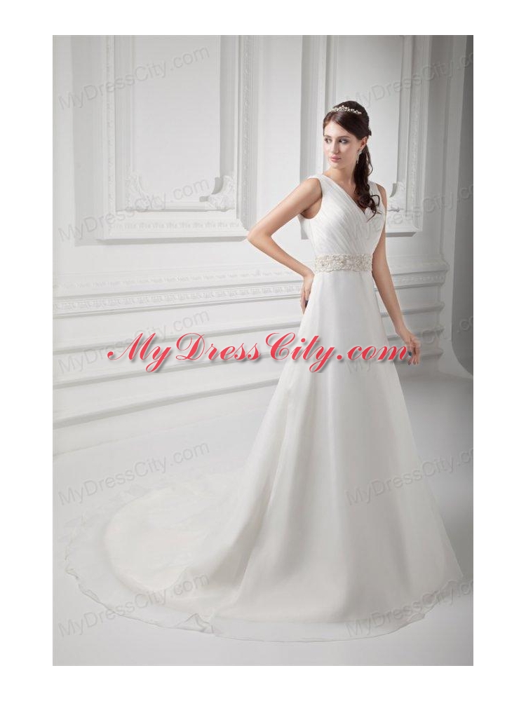 Elegant A-line V-neck Court Train Wedding Dress with Beading and Ruching