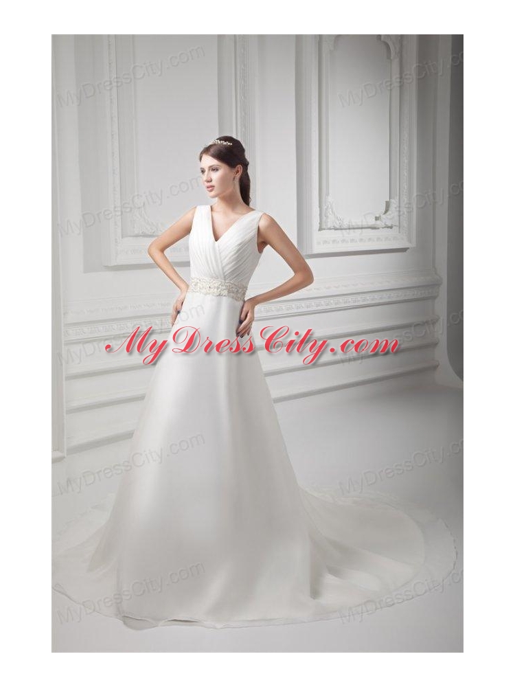 Elegant A-line V-neck Court Train Wedding Dress with Beading and Ruching