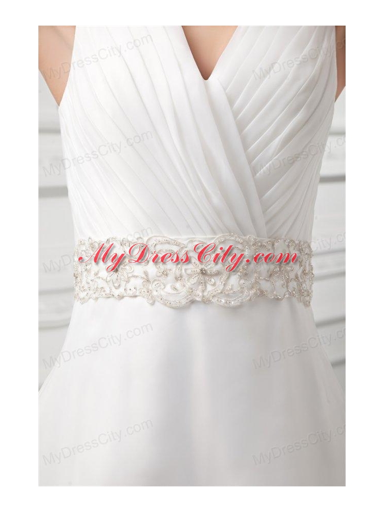 Elegant A-line V-neck Court Train Wedding Dress with Beading and Ruching