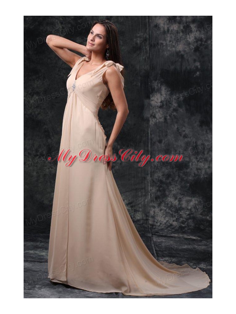 Empire Champagne V-neck Beading Ruching Court Train Chiffon Wedding Dress