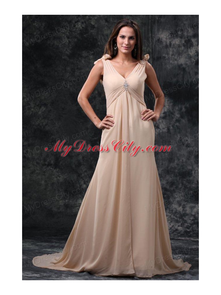 Empire Champagne V-neck Beading Ruching Court Train Chiffon Wedding Dress