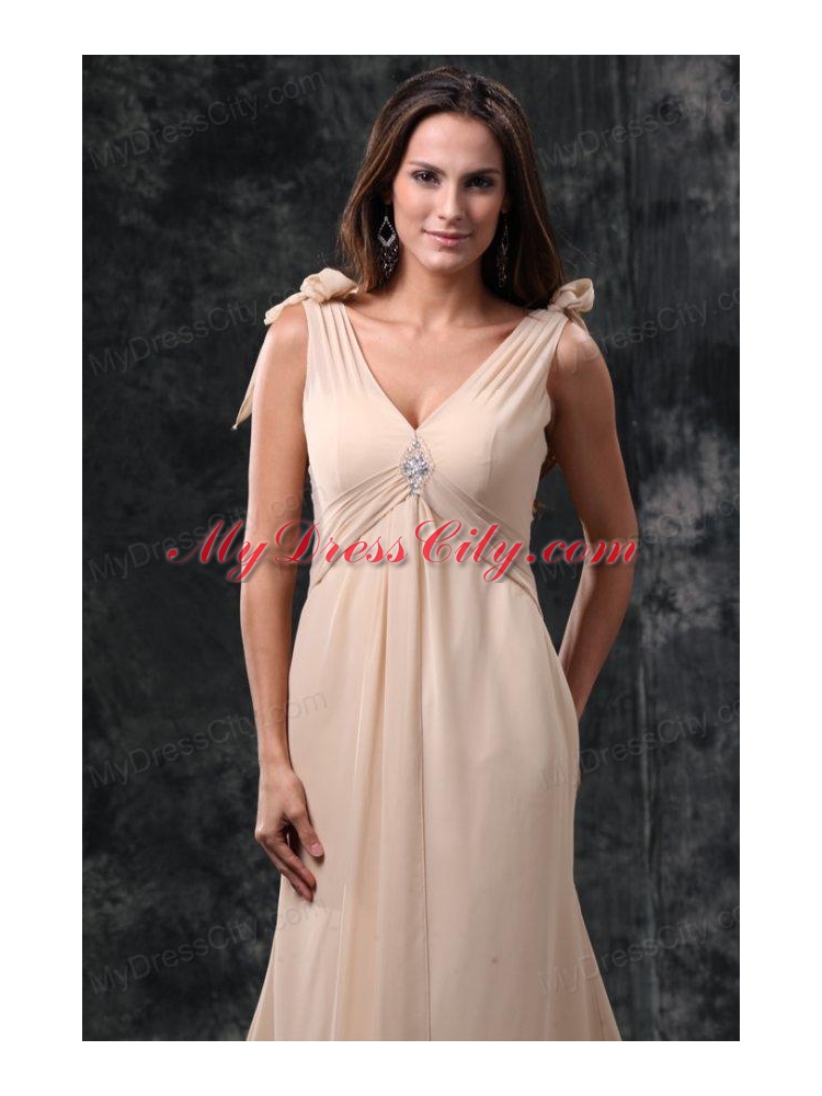 Empire Champagne V-neck Beading Ruching Court Train Chiffon Wedding Dress