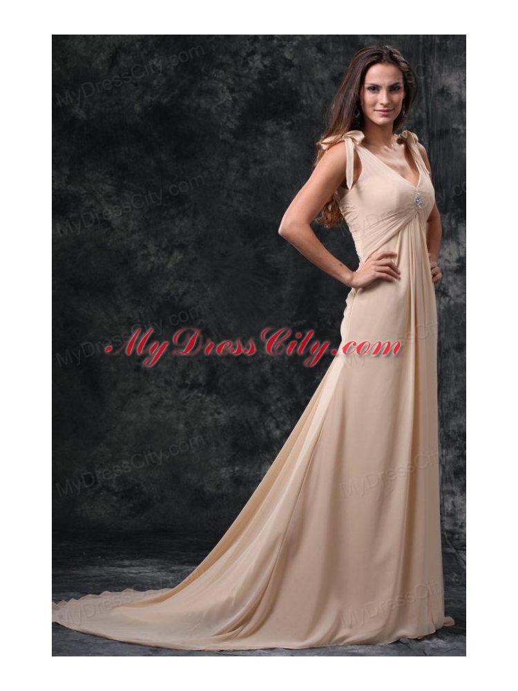 Empire Champagne V-neck Beading Ruching Court Train Chiffon Wedding Dress