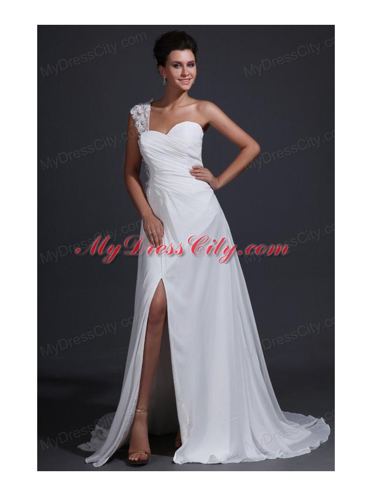 Empire Chiffon One Shoulder Appliques Wedding Dress with Train