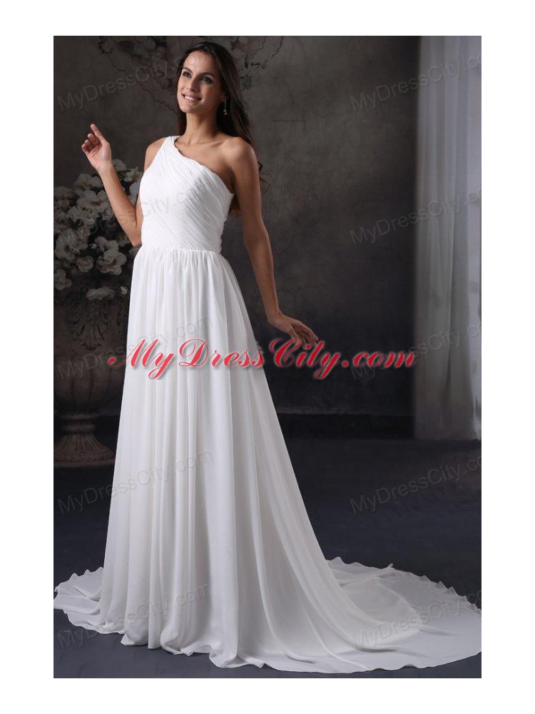 Empire One Shoulder Chiffon Ruching Side Zipper Wedding Dress with Court Train