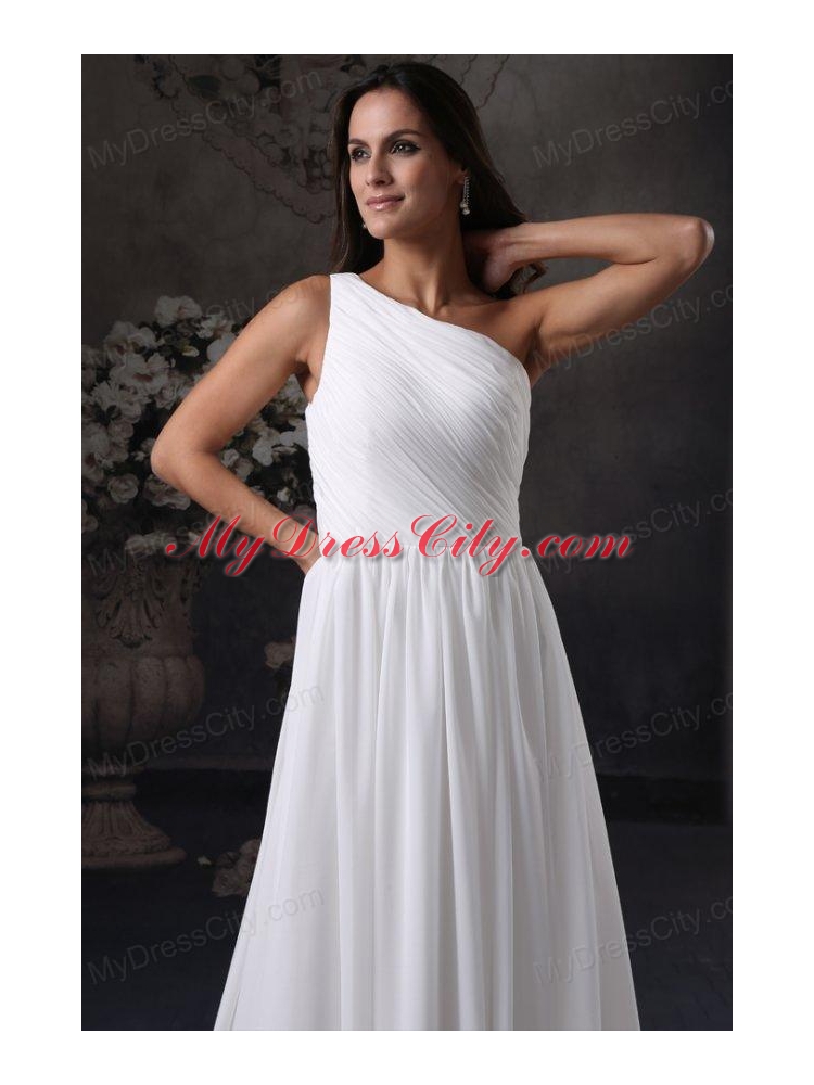 Empire One Shoulder Chiffon Ruching Side Zipper Wedding Dress with Court Train