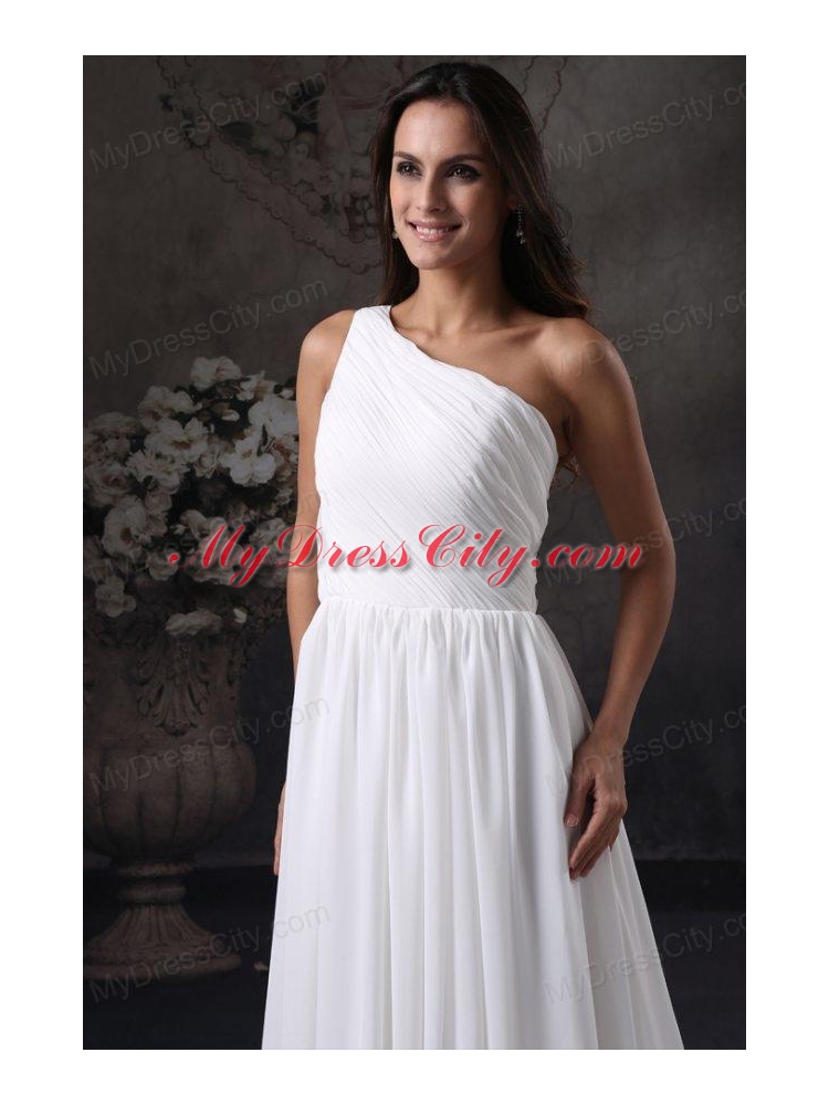 Empire One Shoulder Chiffon Ruching Side Zipper Wedding Dress with Court Train